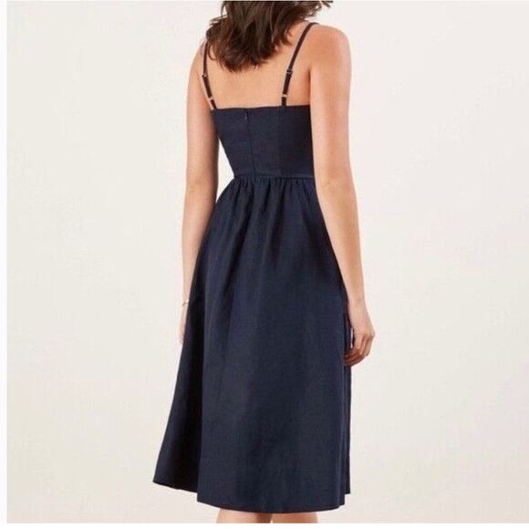 NEW Reformation 100% Linen Ellen Dress Dark Navy Lace Bodice Midi with Pockets - Picture 3 of 9
